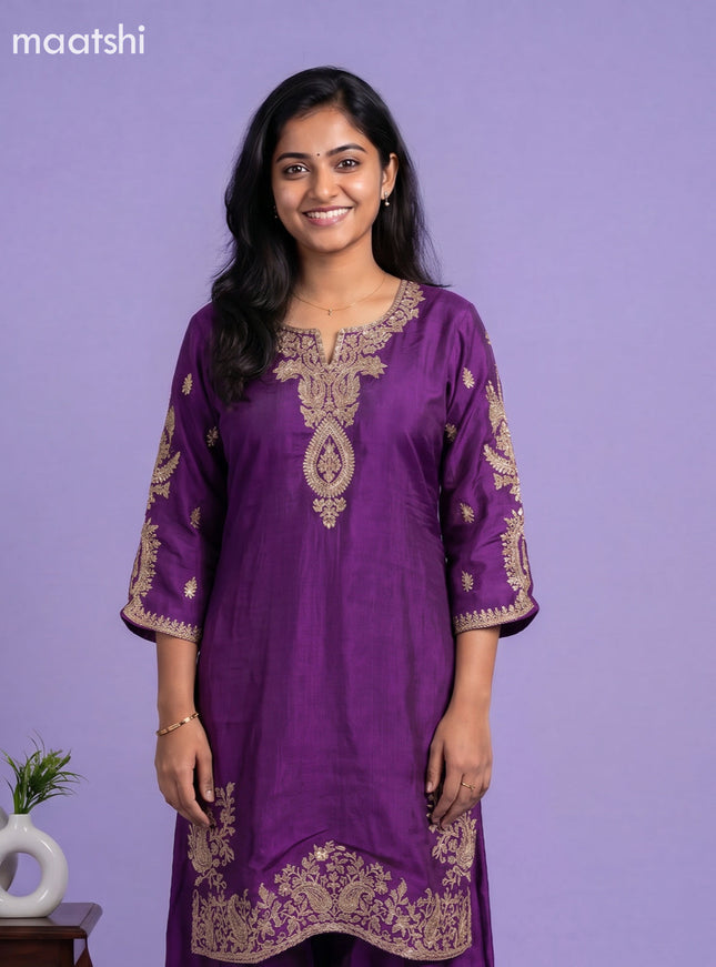 Violet Art Tussar Embroidery Work Straight Suit