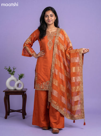 Orange Art Silk Embroidery Work Straight Suit