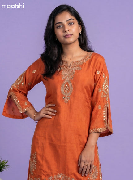 Orange Art Silk Embroidery Work Straight Suit