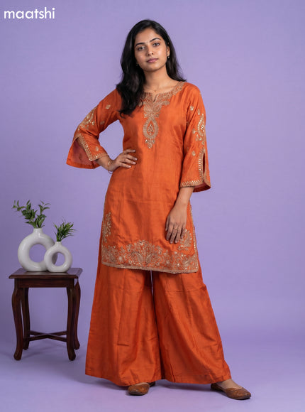 Orange Art Silk Embroidery Work Straight Suit