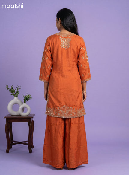Orange Art Silk Embroidery Work Straight Suit