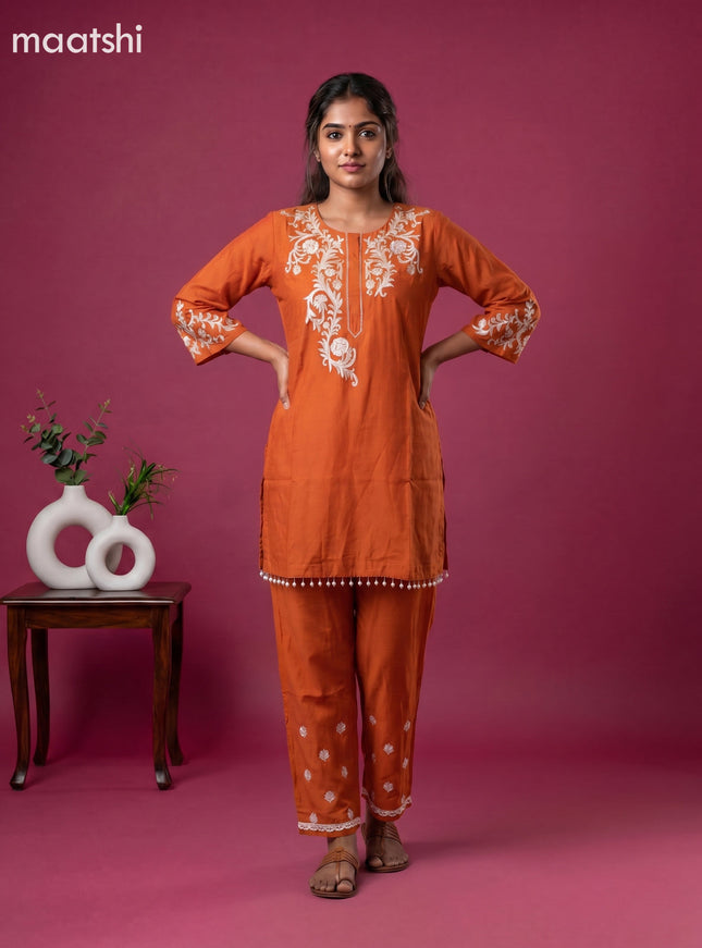 Rust Orange Mul Chanderi Embroidery Short Co-Ord Set