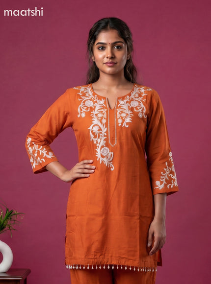 Rust Orange Mul Chanderi Embroidery Short Co-Ord Set