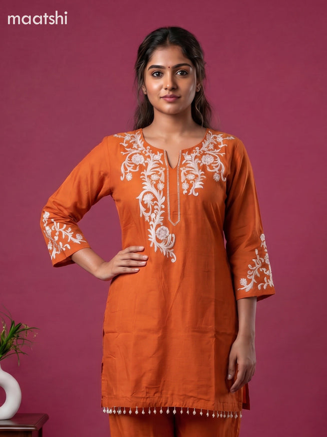 Rust Orange Mul Chanderi Embroidery Short Co-Ord Set
