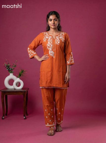 Rust Orange Mul Chanderi Embroidery Short Co-Ord Set