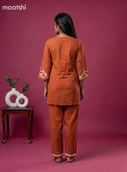 Rust Orange Mul Chanderi Embroidery Short Co-Ord Set