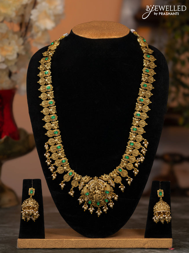 Antique haaram lakshmi design with emerald & cz stones and golden beads hangings