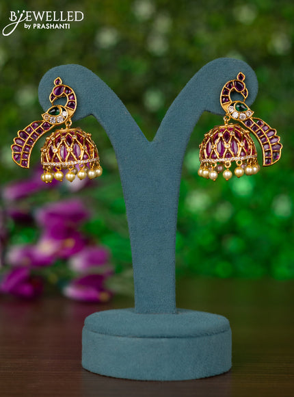 Antique jhumkas peacock design with kmep & cz stones and pearl hangings