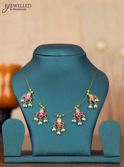 Invisible chain with pink jadau kundan stones and pearl hangings without earrings