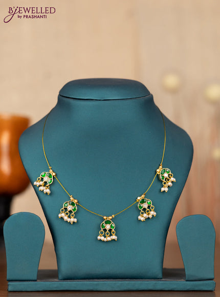Invisible chain with green jadau kundan stones and pearl hangings without earrings