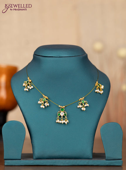Invisible chain with green jadau kundan stones and pearl hangings without earrings