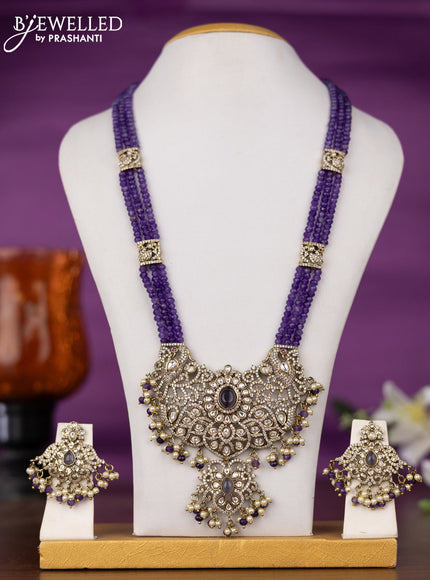 Beaded triple layer violet necklace with kundan & cz stones and pearl & beads hangings