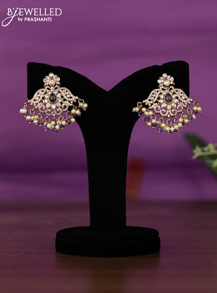 Beaded triple layer violet necklace with kundan & cz stones and pearl & beads hangings