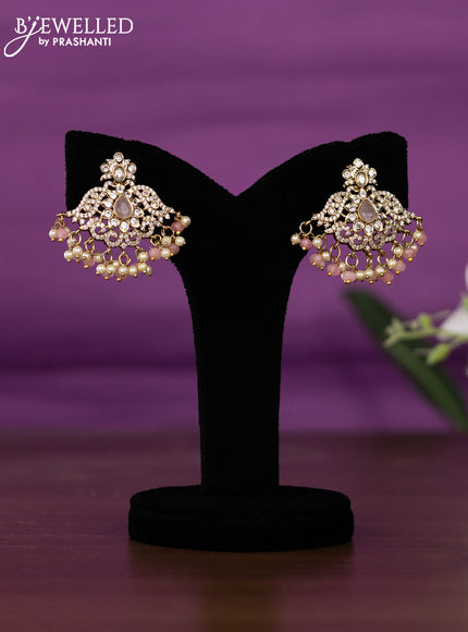 Beaded triple layer baby pink necklace with kundan & cz stones and pearl & beads hangings