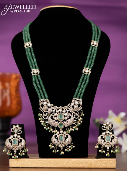 Beaded triple layer mint green necklace elephant design with kundan & cz stones and pearl & beads hangings
