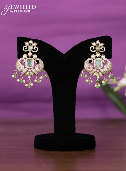 Beaded triple layer mint green necklace elephant design with kundan & cz stones and pearl & beads hangings
