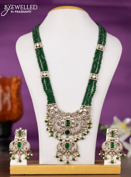 Beaded triple layer green necklace elephant design with kundan & cz stones and pearl & beads hangings
