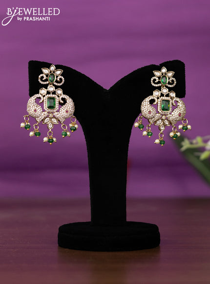 Beaded triple layer green necklace elephant design with kundan & cz stones and pearl & beads hangings