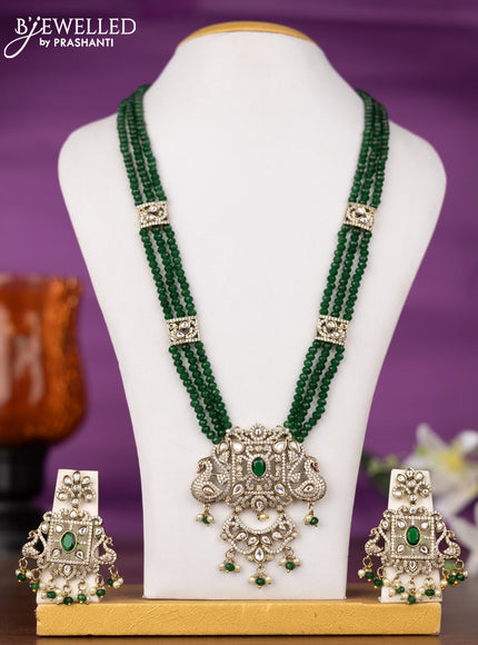 Beaded triple layer green necklace peacock design with kundan & cz stones and pearl & beads hangings