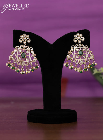 Beaded triple layer green necklace peacock design with kundan & cz stones and pearl & beads hangings
