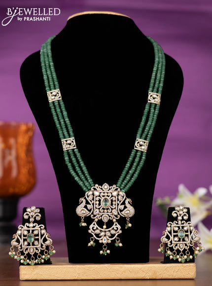 Beaded triple layer mint green necklace peacock design with kundan & cz stones and pearl & beads hangings