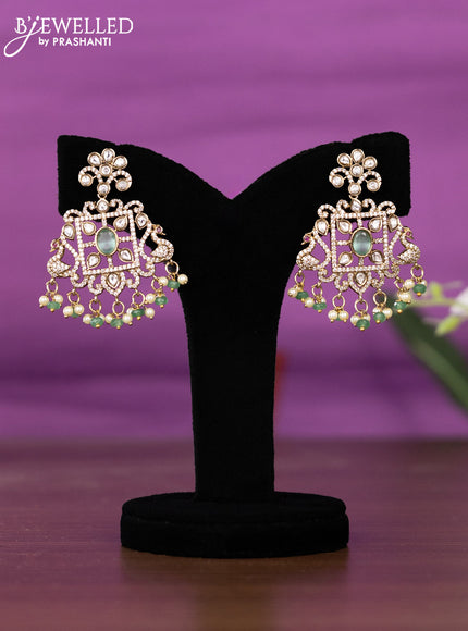 Beaded triple layer mint green necklace peacock design with kundan & cz stones and pearl & beads hangings