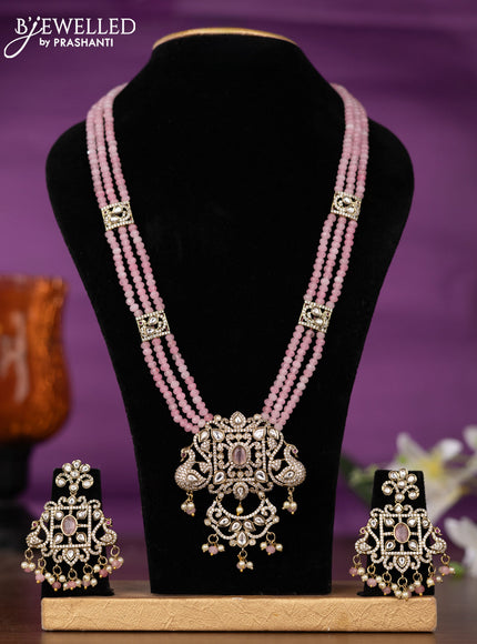 Beaded triple layer baby pink necklace peacock design with kundan & cz stones and pearl & beads hangings