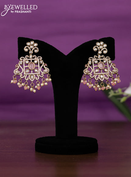 Beaded triple layer baby pink necklace peacock design with kundan & cz stones and pearl & beads hangings