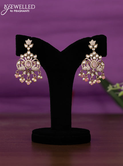 Beaded triple layer baby pink necklace peacock design with kundan & cz stones and pearl & beads hangings