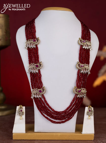 Beaded maroon necklace peacock design with ruby & cz stones in victorian finish