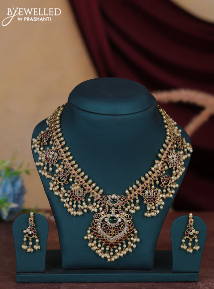 Antique guttapusalu necklace floral & peacock design with kemp and cz stones and pearl hangings