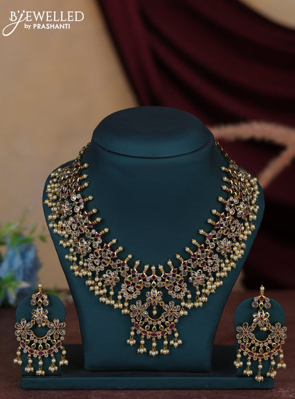 Antique guttapusalu necklace floral design with kemp and cz stones and pearl hangings