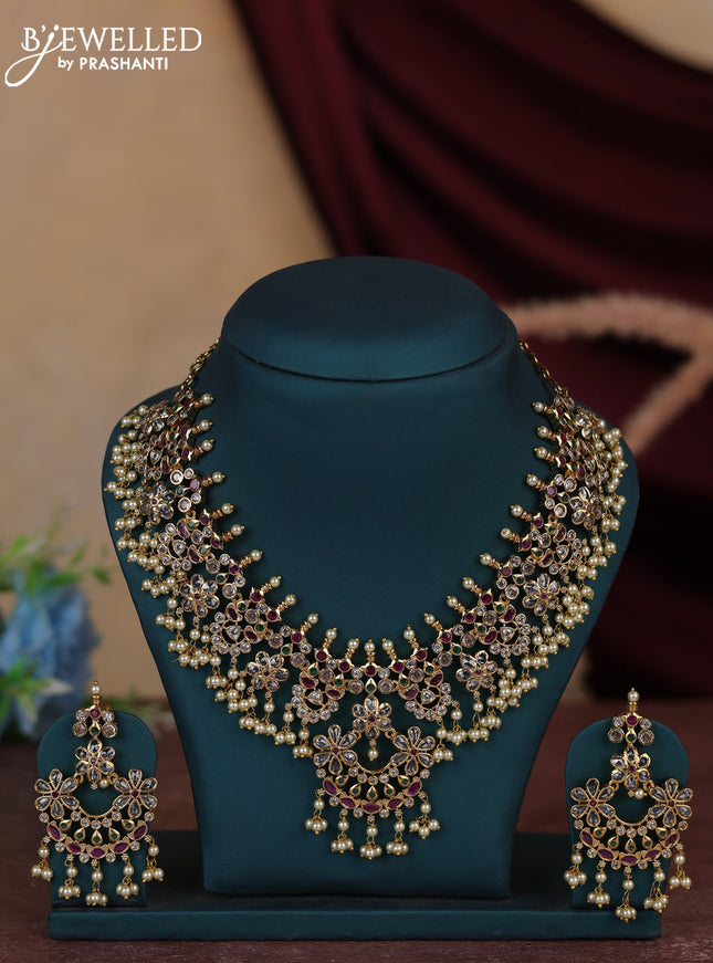 Antique guttapusalu necklace floral design with kemp and cz stones and pearl hangings