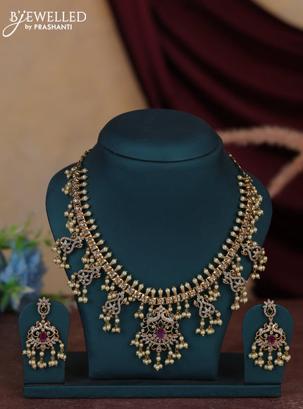 Antique guttapusalu necklace peacock design with kemp and cz stones and pearl hangings