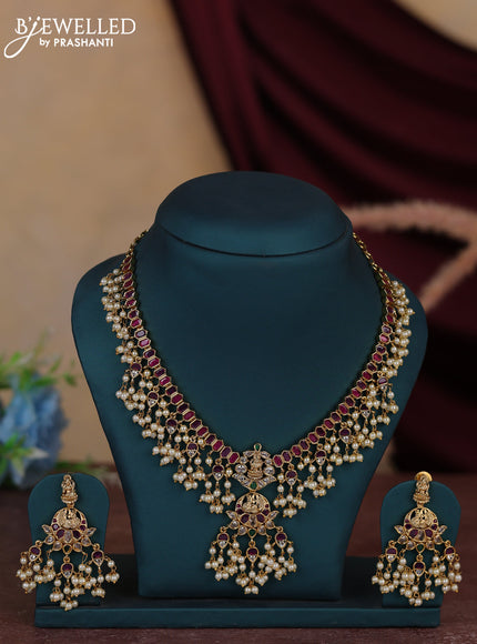 Antique guttapusalu necklace lakshmi design with kemp & cz stones and pearl hangings