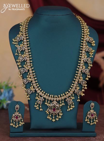 Antique guttapusalu haram floral & peacock design with kemp and cz stones and pearl hangings