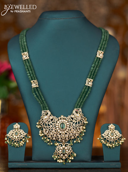 Beaded triple layer mint green necklace peacock design with kundan & cz stones in victorian finish