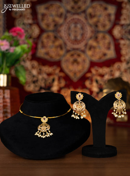 Antique ring type choker lakshmi pendant with ruby & cz stones and pearl hangings