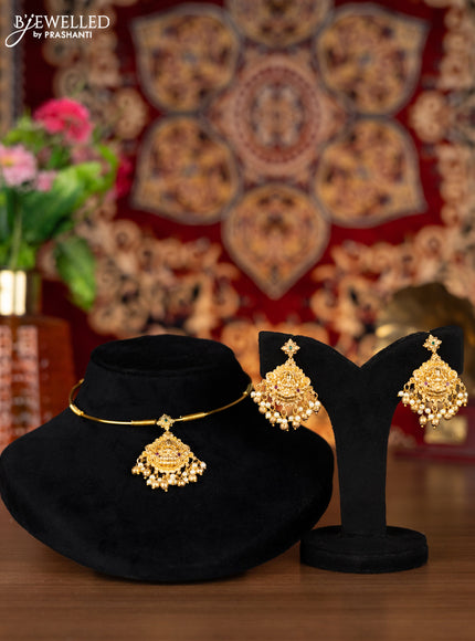 Antique ring type choker lakshmi pendant with kemp stones and pearl & golden beads hangings