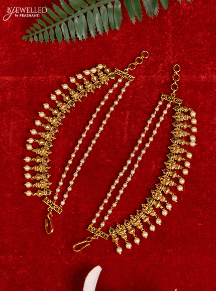 Antique triple layer mattal lakshmi design with kemp stones and pearl hangings