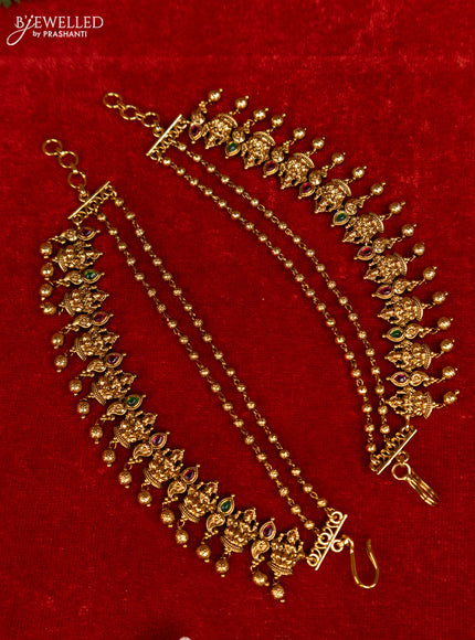 Antique triple layer mattal lakshmi design with kemp stones and golden beads hangings