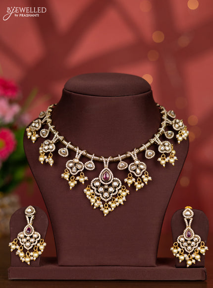 Necklace with ruby & kundan cz stones and pearl hangings in victorian finish