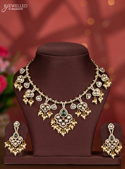 Necklace with emerald & kundan cz stones and pearl hangings in victorian finish
