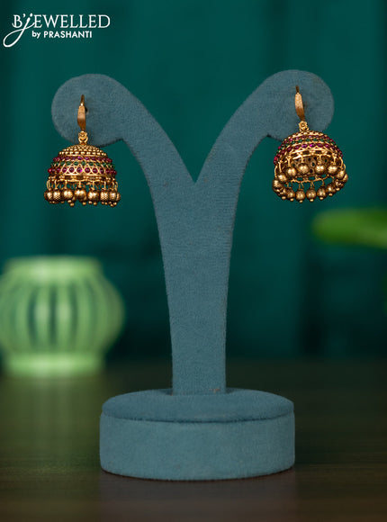 Antique hook type jhumka with kemp and gold beads hanging
