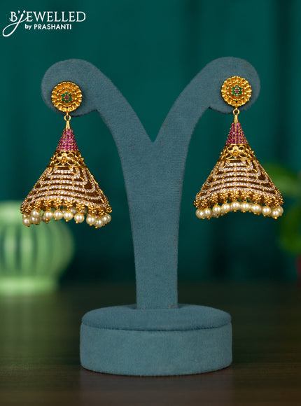Antqiue jhumka with floral design in kemp  & cz stones and pearl beads hanging