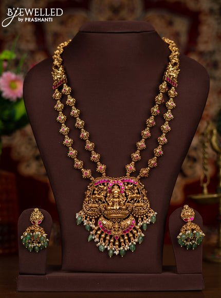 Antique haaram with double layer lakshmi pendant with kemp stones and green beads hanging