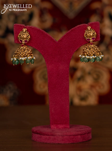 Antique haaram with double layer lakshmi pendant with kemp stones and green beads hanging