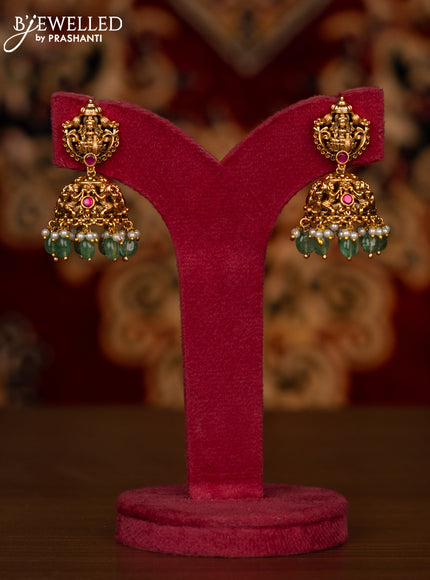 Antique haaram with double layer lakshmi pendant with kemp stones and green beads hanging