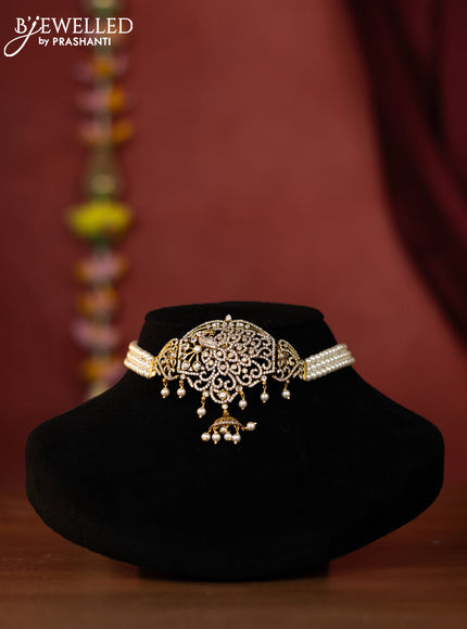 Beaded choker with victorian finish peacock pendant and pearl hanging