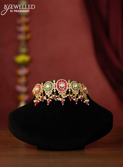 Beaded choker with jadau stones and pink beads hanging
